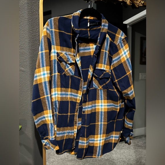 Navy and Yellow Plaid Flannel Shirt - Picture 1 of 1